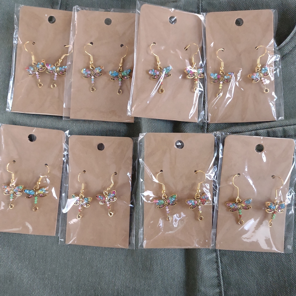 8 Handmade Gold Tone Colorful Dragonfly Earring Sets